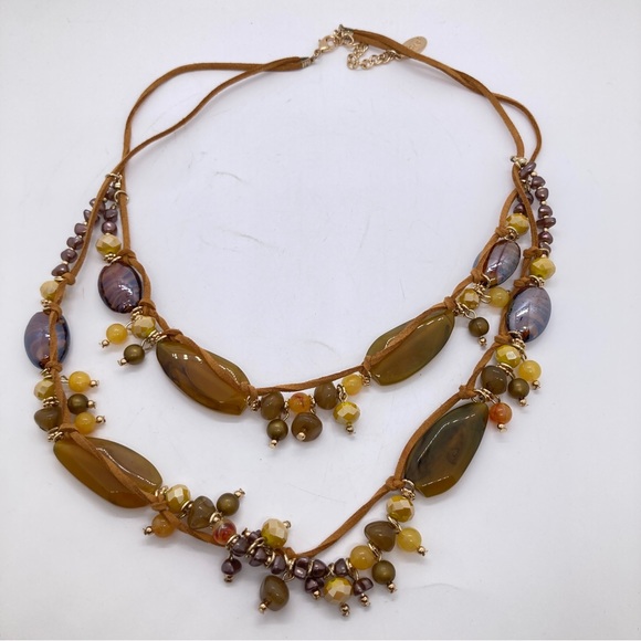 Bocar 2 Strand Layered Beaded Statement Necklace Brown Green Beads - Picture 7 of 7